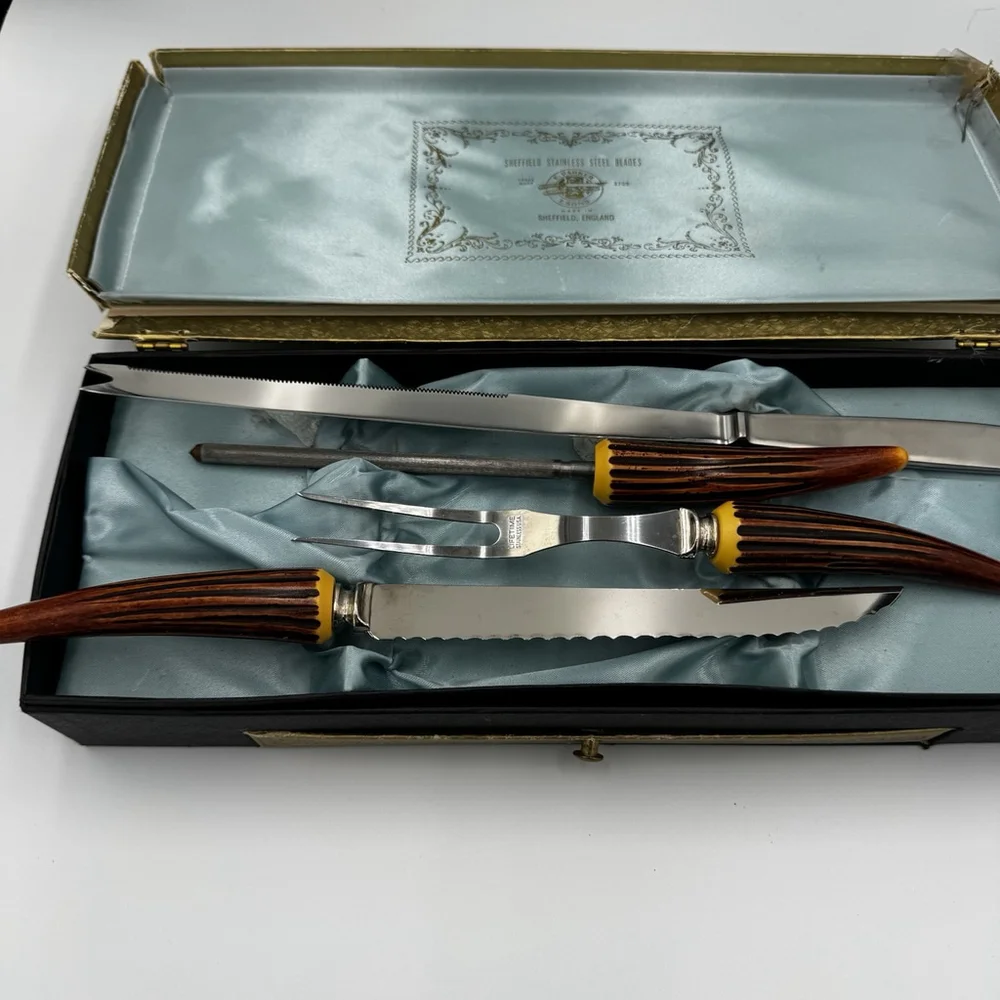 Vintage Sheffield England Carving Set Stainless Steel Blades w/ Case